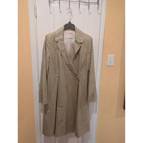 Isaac Mizrahi Linen Trench Coat Beige Size XL Satin Lined Shimmer Long - Picture 2 of 16